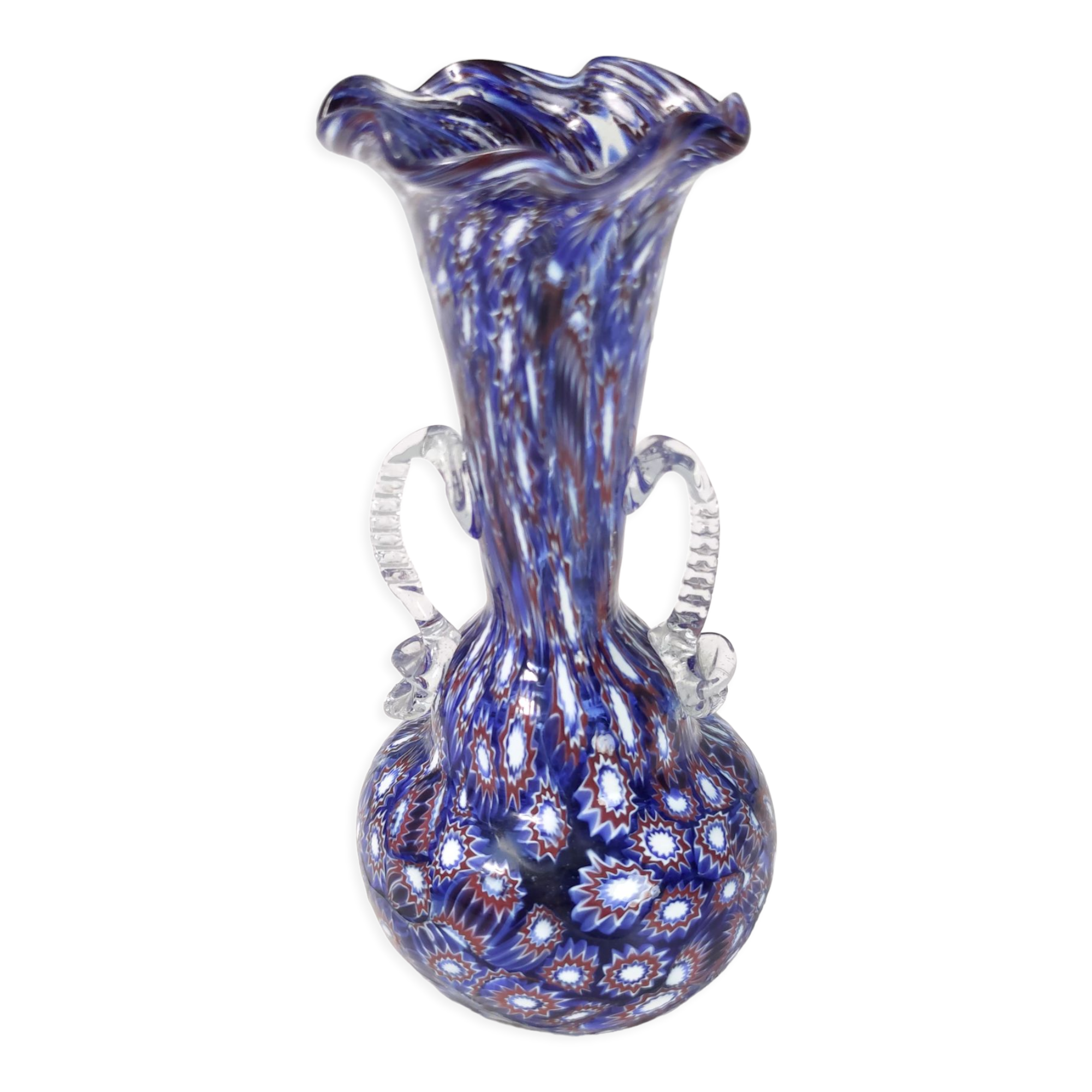 Blue murano glass vase ascribable to fratelli toso with murrines, italy