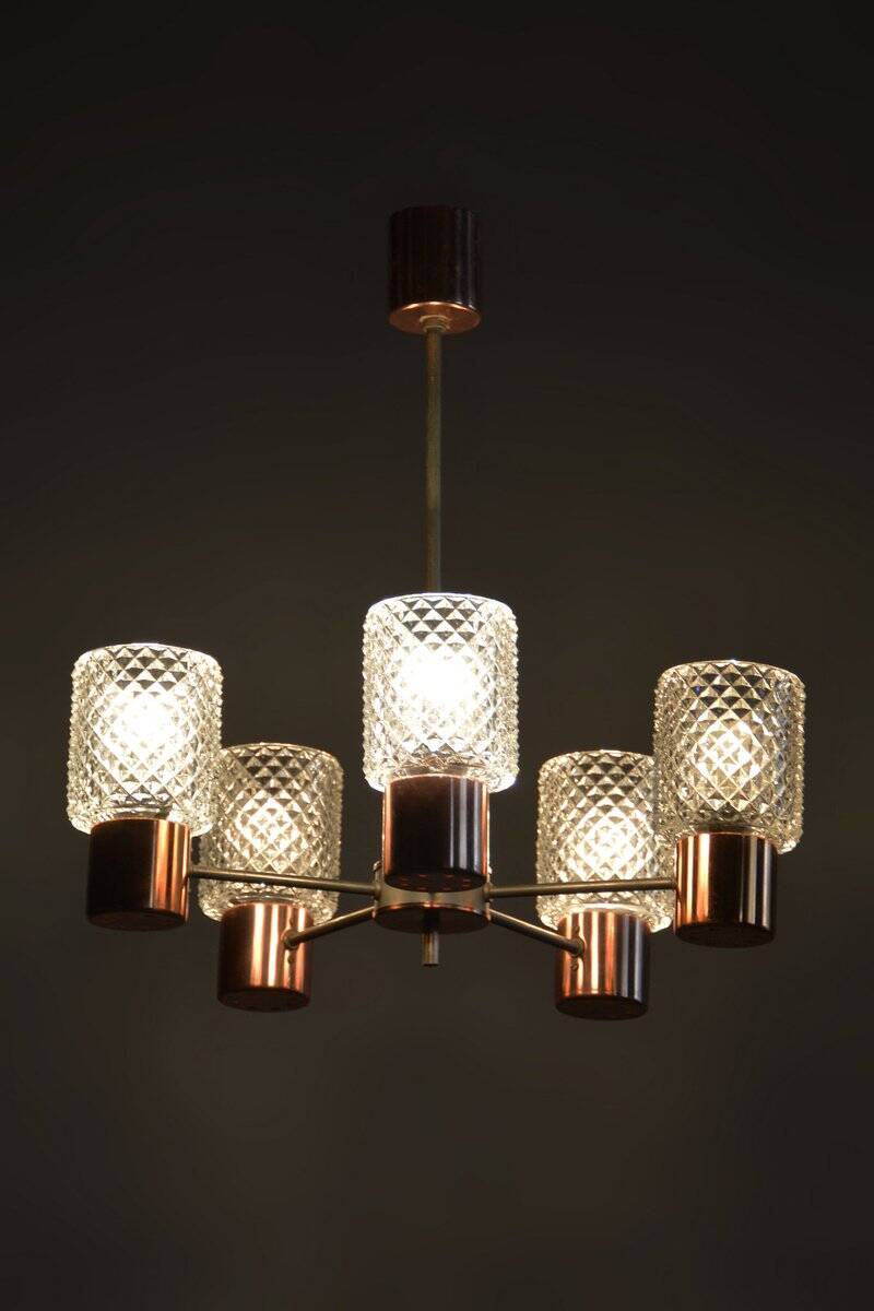 Mid-Century Chandelier in Chrome, Steel, Copper and Glass, Czech, 1960s