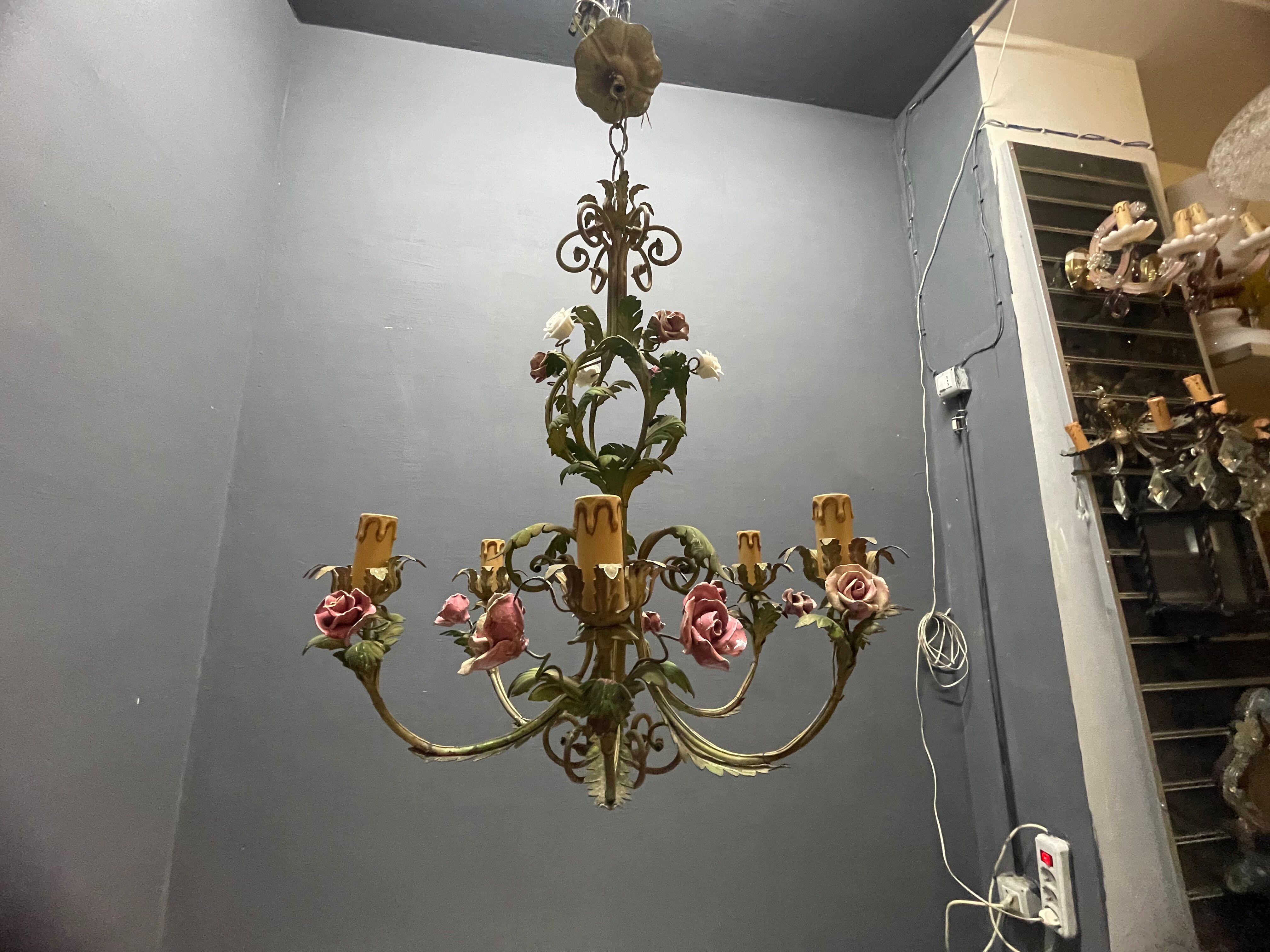 Italian Florentine Tole and Ceramic Flower Chandelier, 1950s