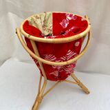 Bamboo worker rattan wicker around 50s-60s and red fabric color H -49cm X D-35cm-
