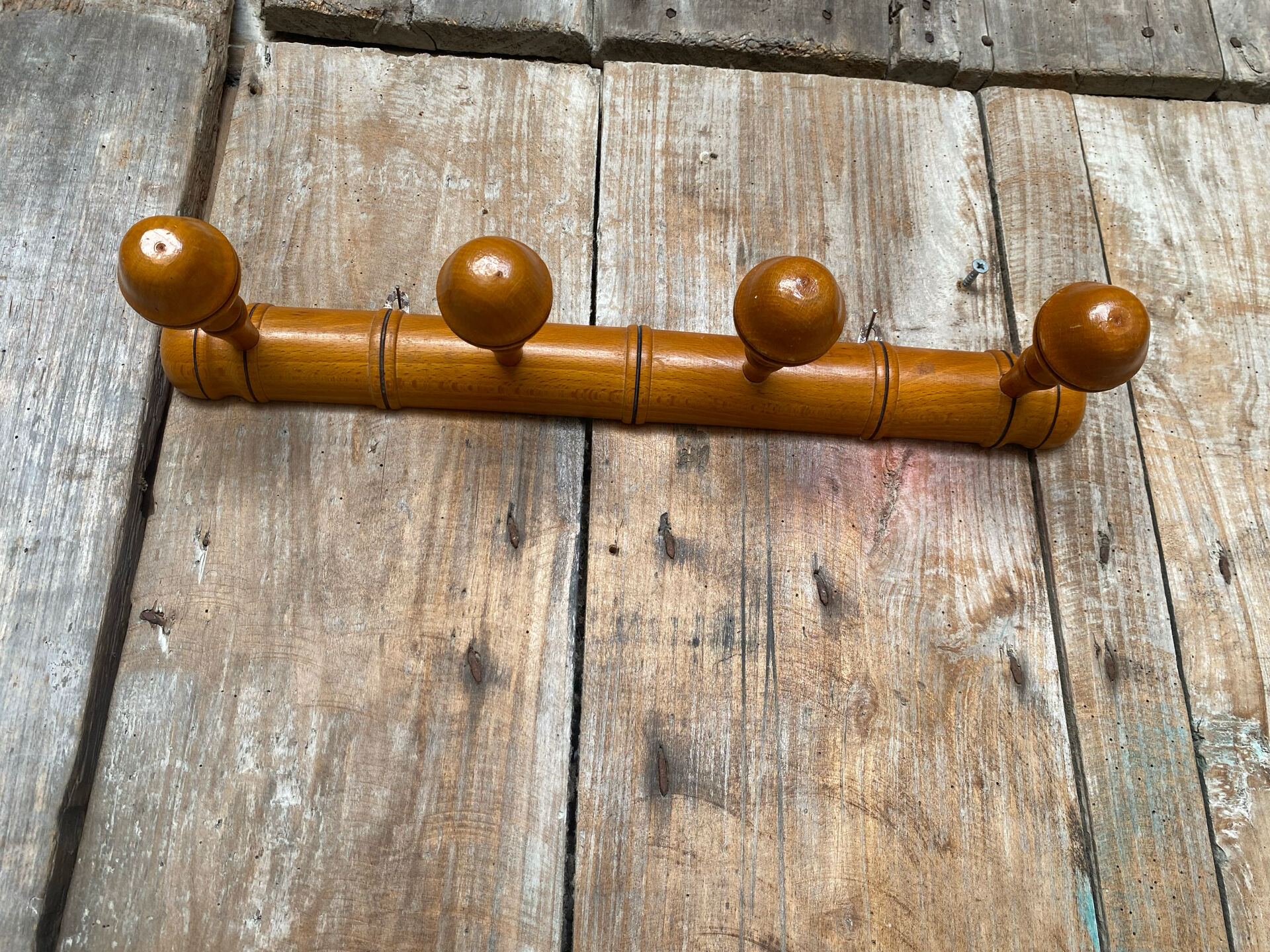Vintage Bamboo Style Wall Coat Rack x4 Wooden Hanger #E430