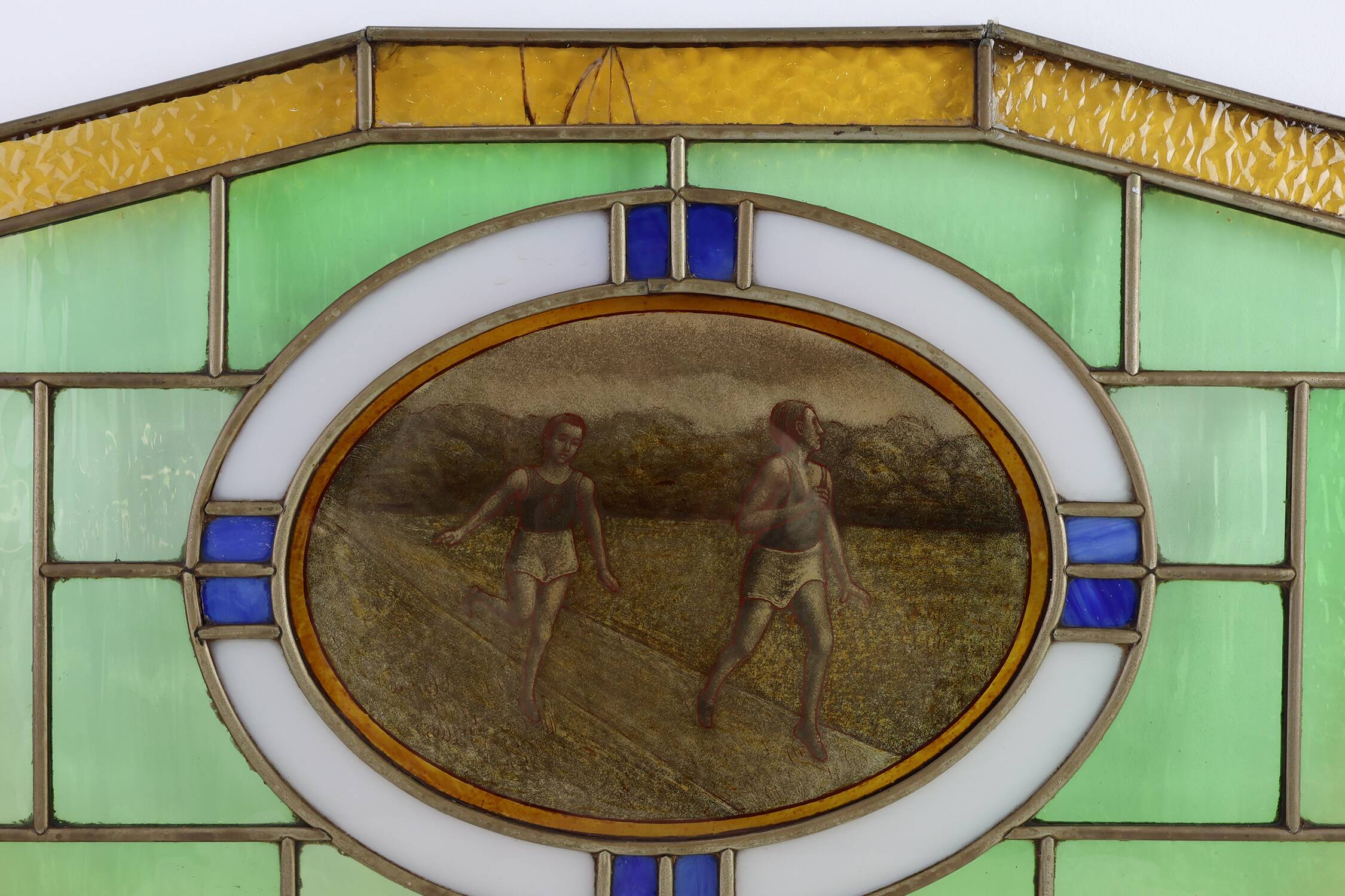 Art Deco Stained Glass Panel Depicting Runners in Motion, Belgium ca. 1910