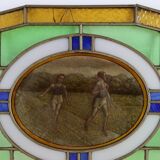 Art Deco Stained Glass Panel Depicting Runners in Motion, Belgium ca. 1910