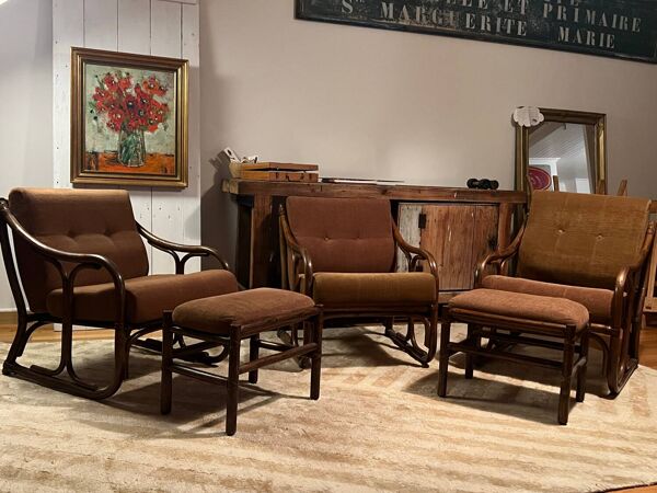 Ensemble vintage années 70 velours rotin
