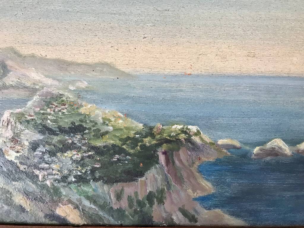 Oil painting on wood seaside landscape signed 40s-50s