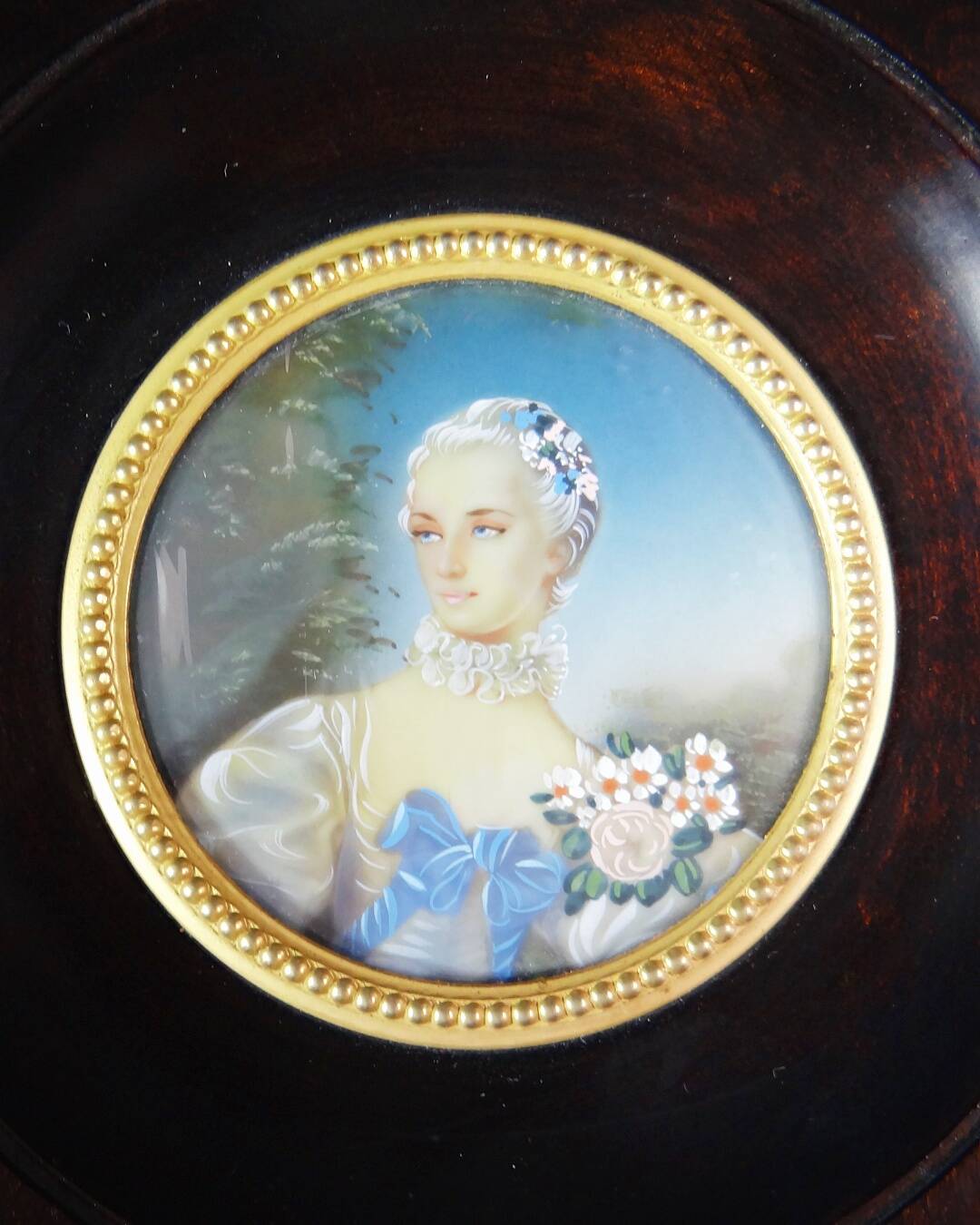 Miniature portrait of Madame Bergeret by Bouchet, hand-painted gouache, 19th century