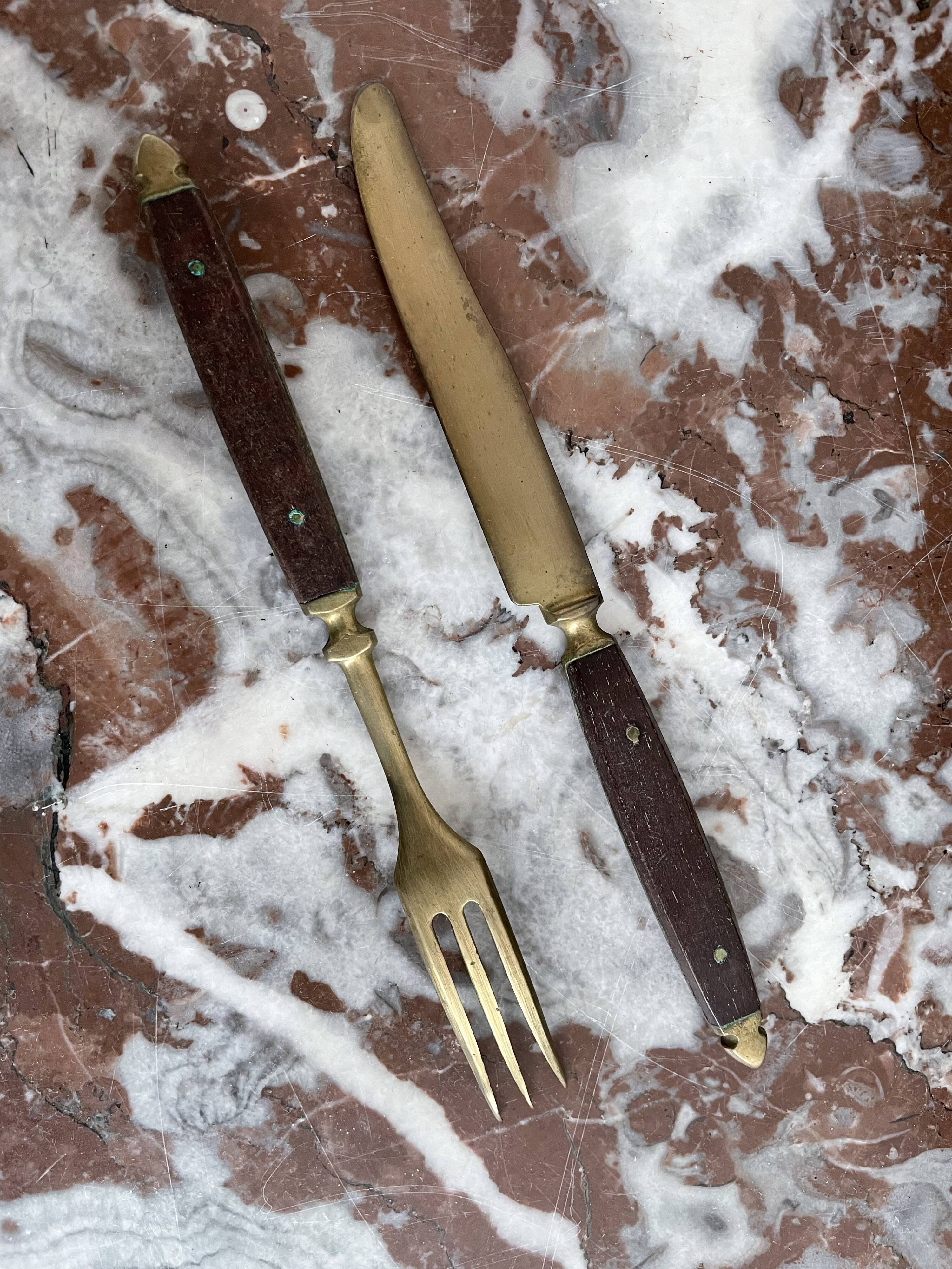 Antique dessert service 12 knives & 12 forks in brass and wood