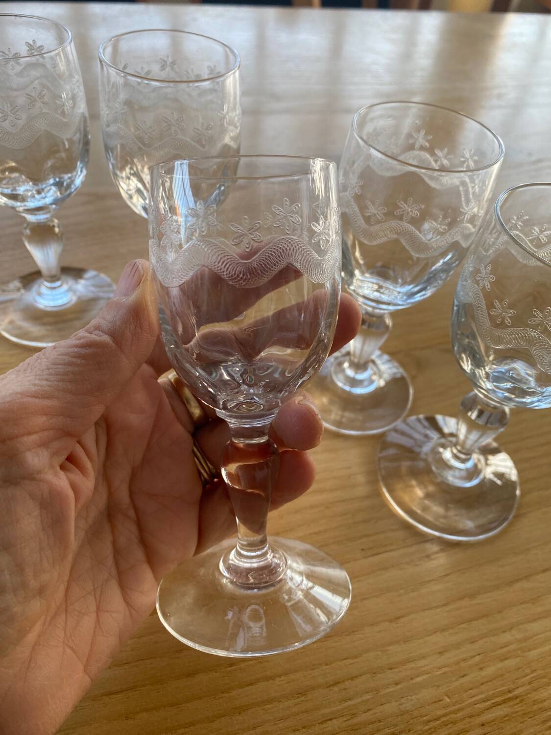 5 engraved port stemmed glasses