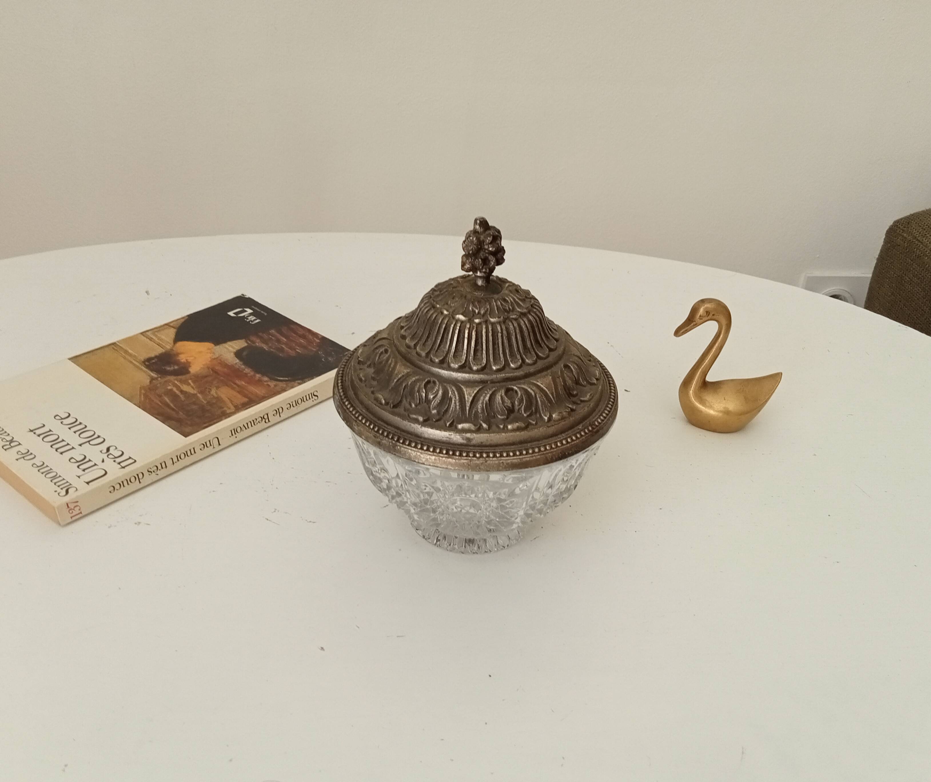 Vintage chiseled glass and tin candy box