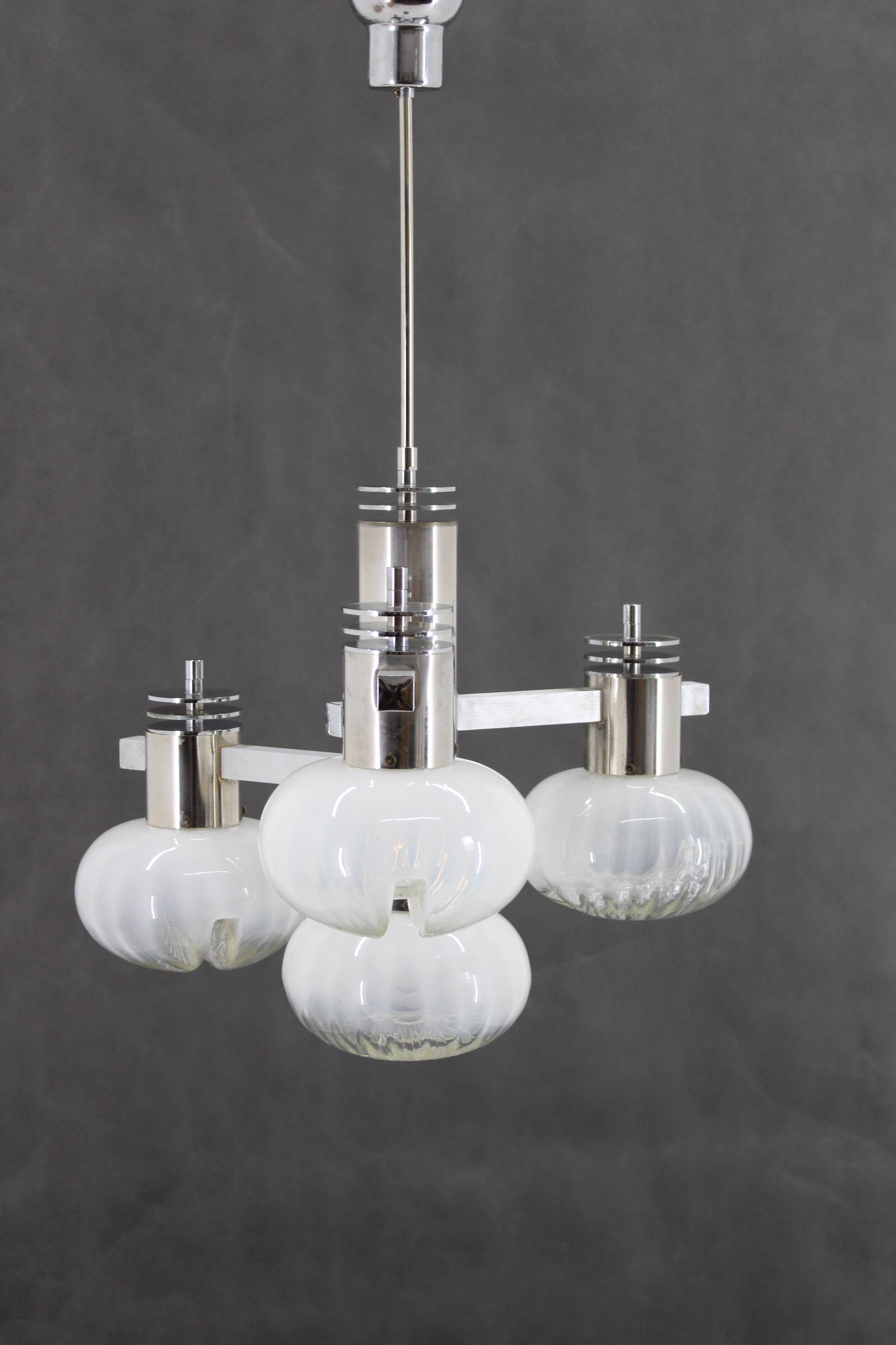 1970s Chrome Plated Chandelier with Murano Glass , Italy