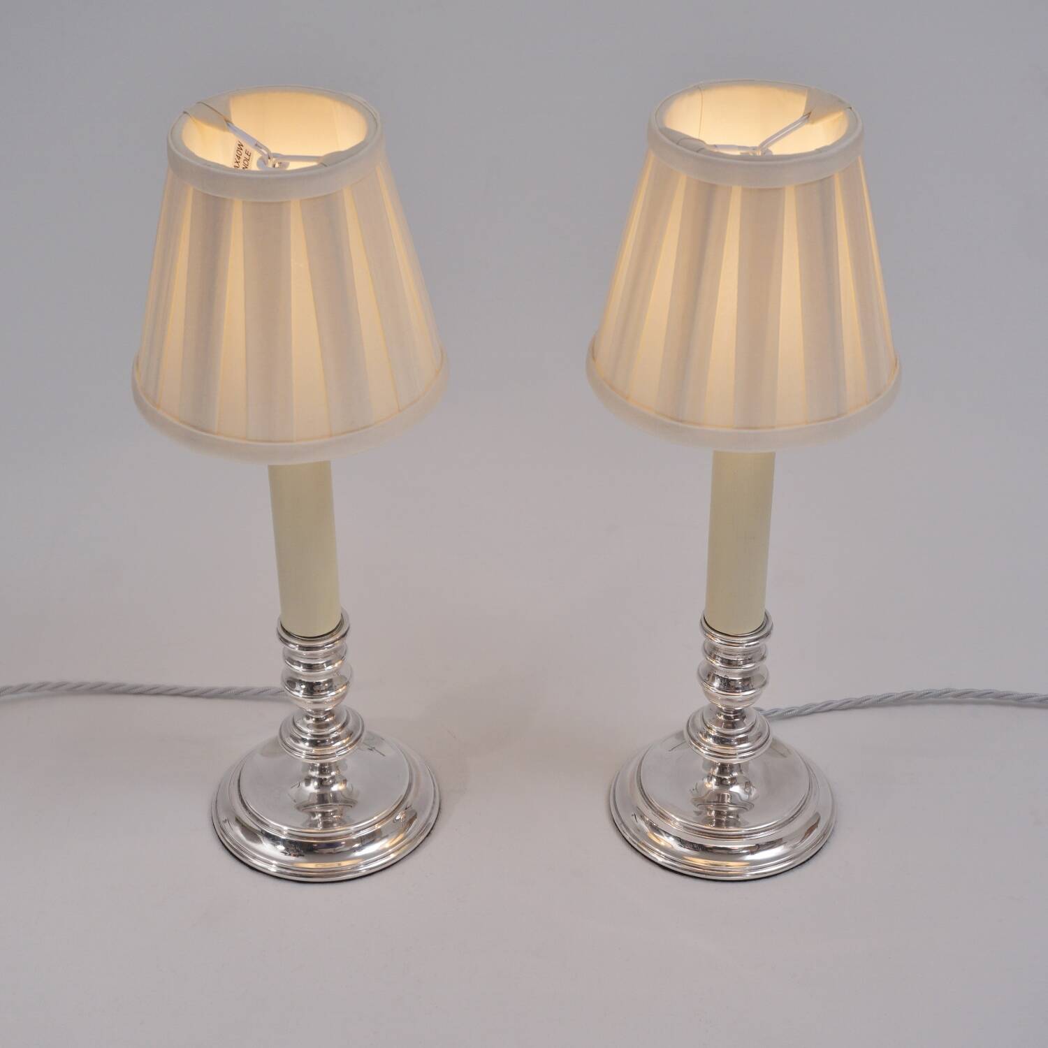 Mappin & Webb vintage pair candlestick table lamps, silver plate, signed, 1980`s ca, English