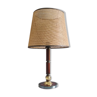 Lampe en bois et abat-jour en osier, 1970