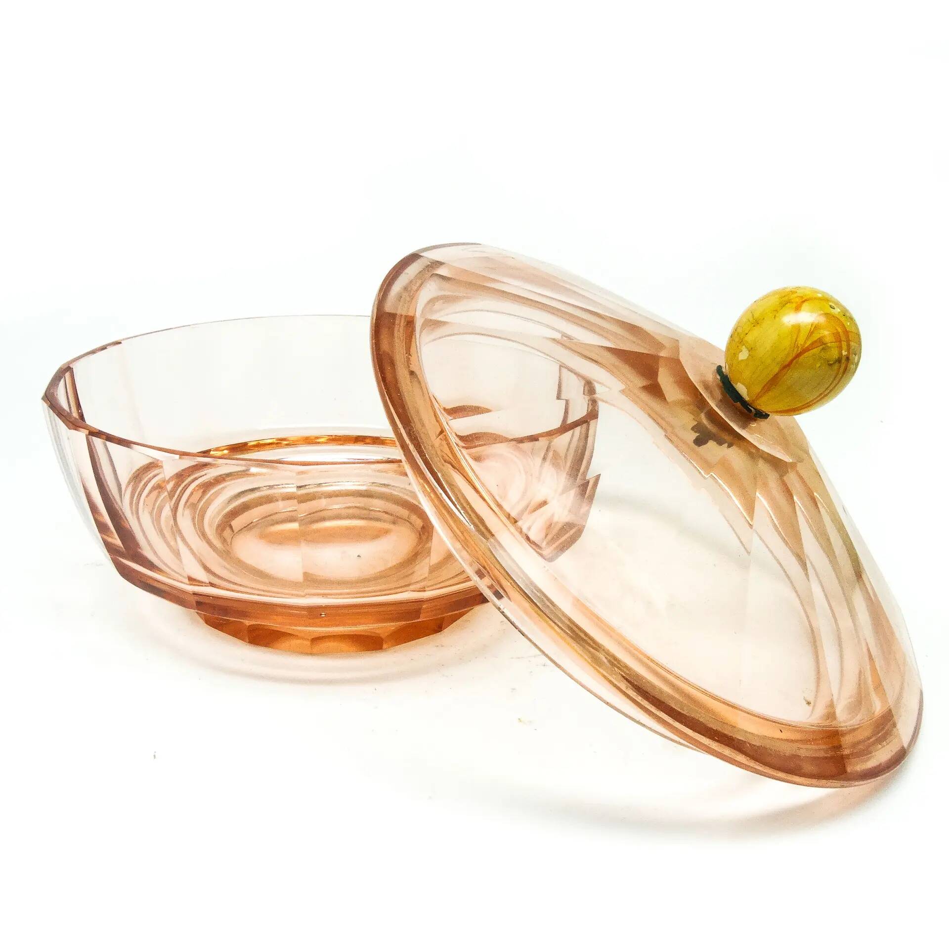 Art Deco bonbonniere, rosalin crystal, Moser, Czechoslovakia, 1930s