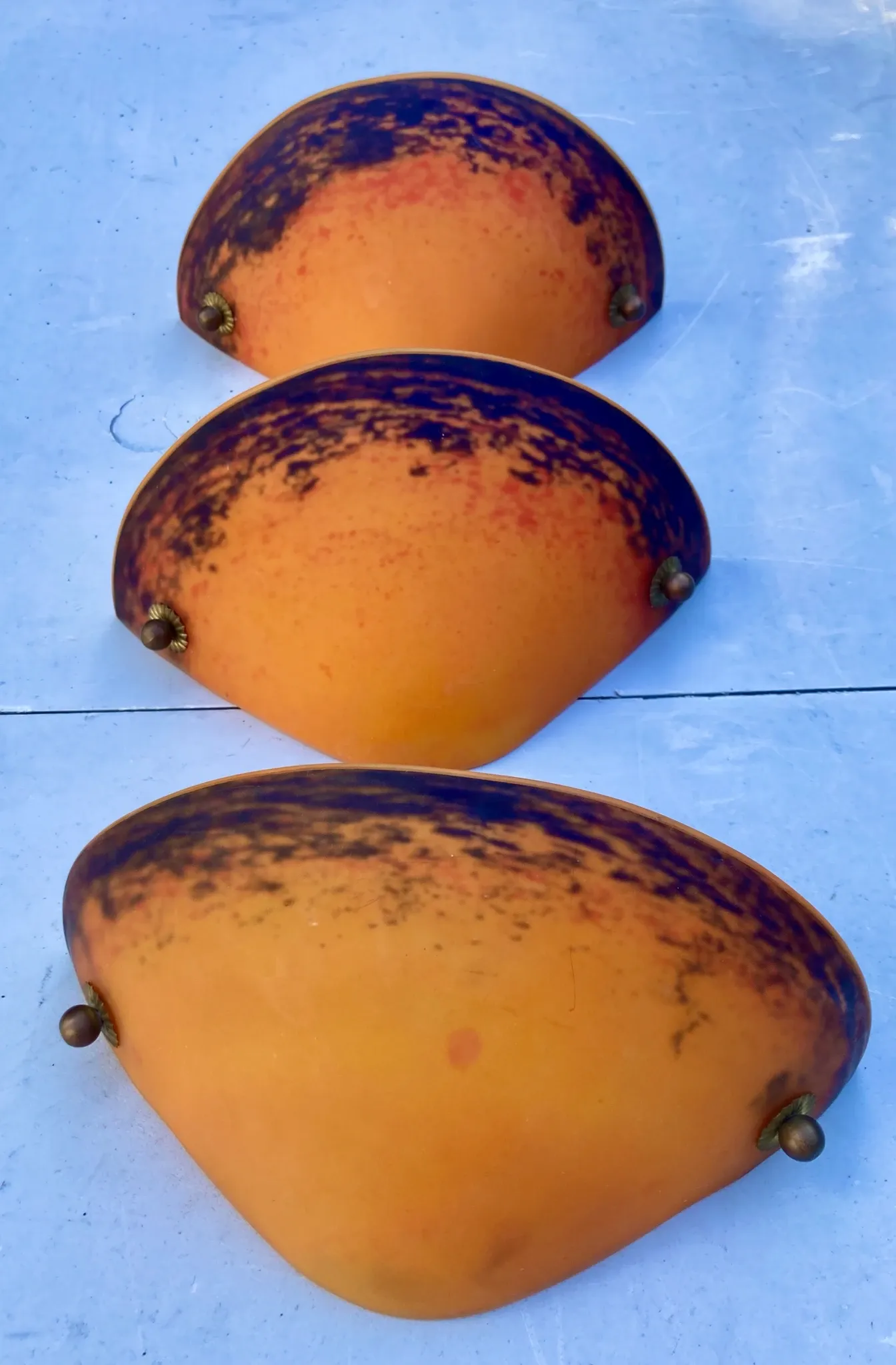 3 Art Deco wall lights in marbled glass signed Cochelin France