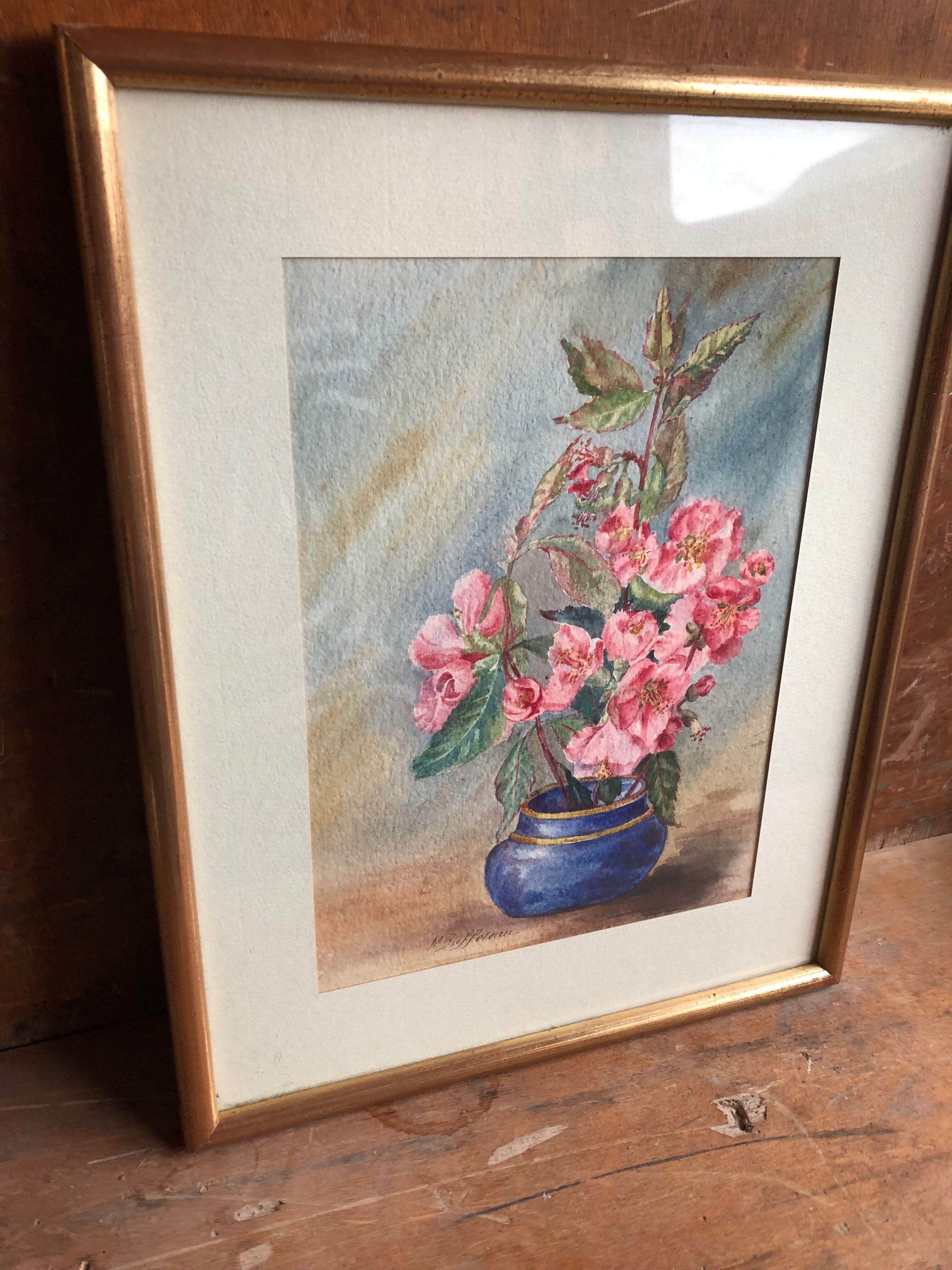 Watercolor painting m. buffeteau bouquet flowers signed & frame gilded wood vintage