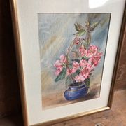 Watercolor painting m. buffeteau bouquet flowers signed & frame gilded wood vintage