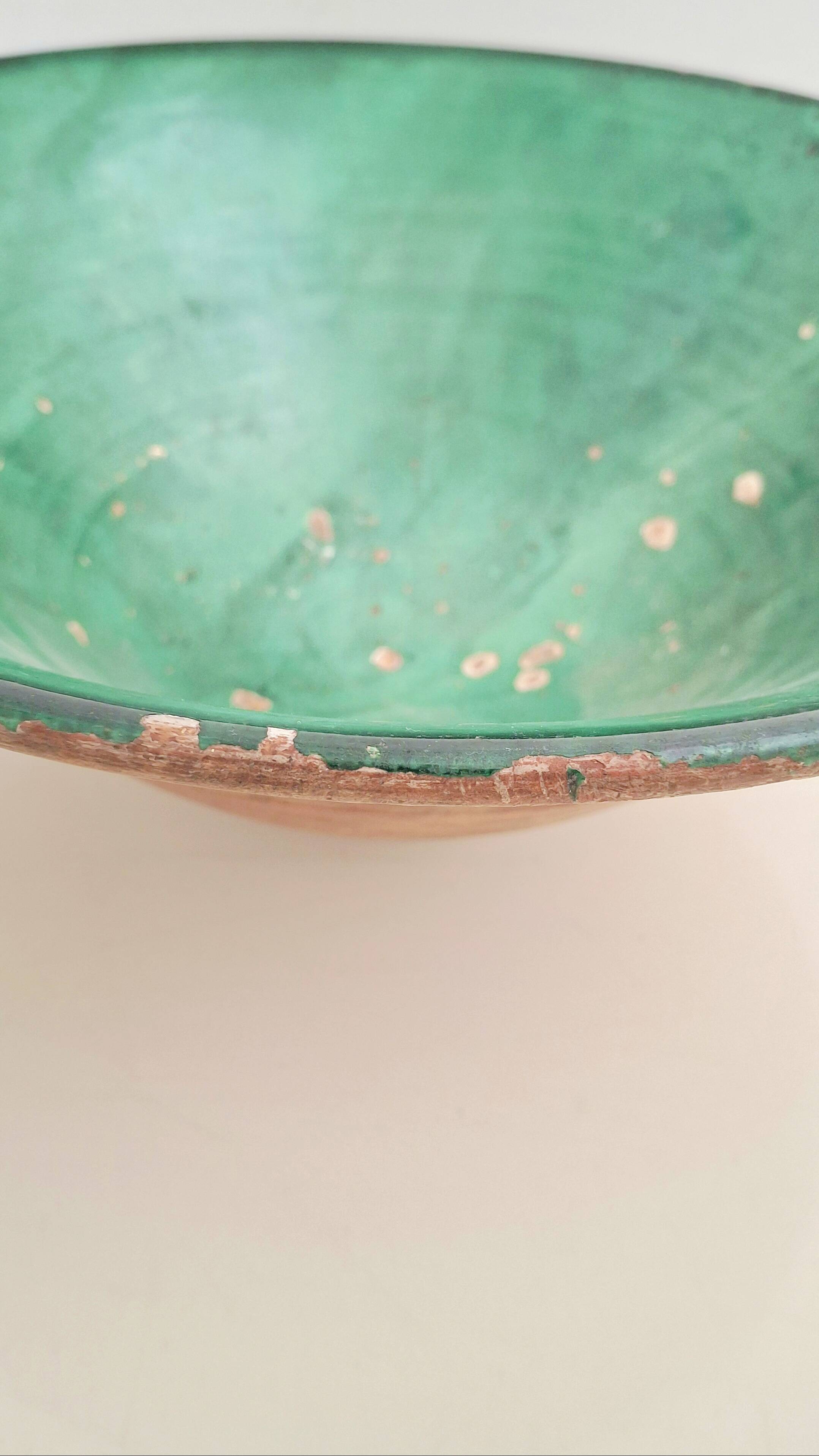 19th century Antique Hand-Glazed Terracotta Conical Bowl in Emerald Gr