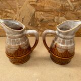 Paire ancien pichet revol 1/4l en céramique marron forme tonneau vintage