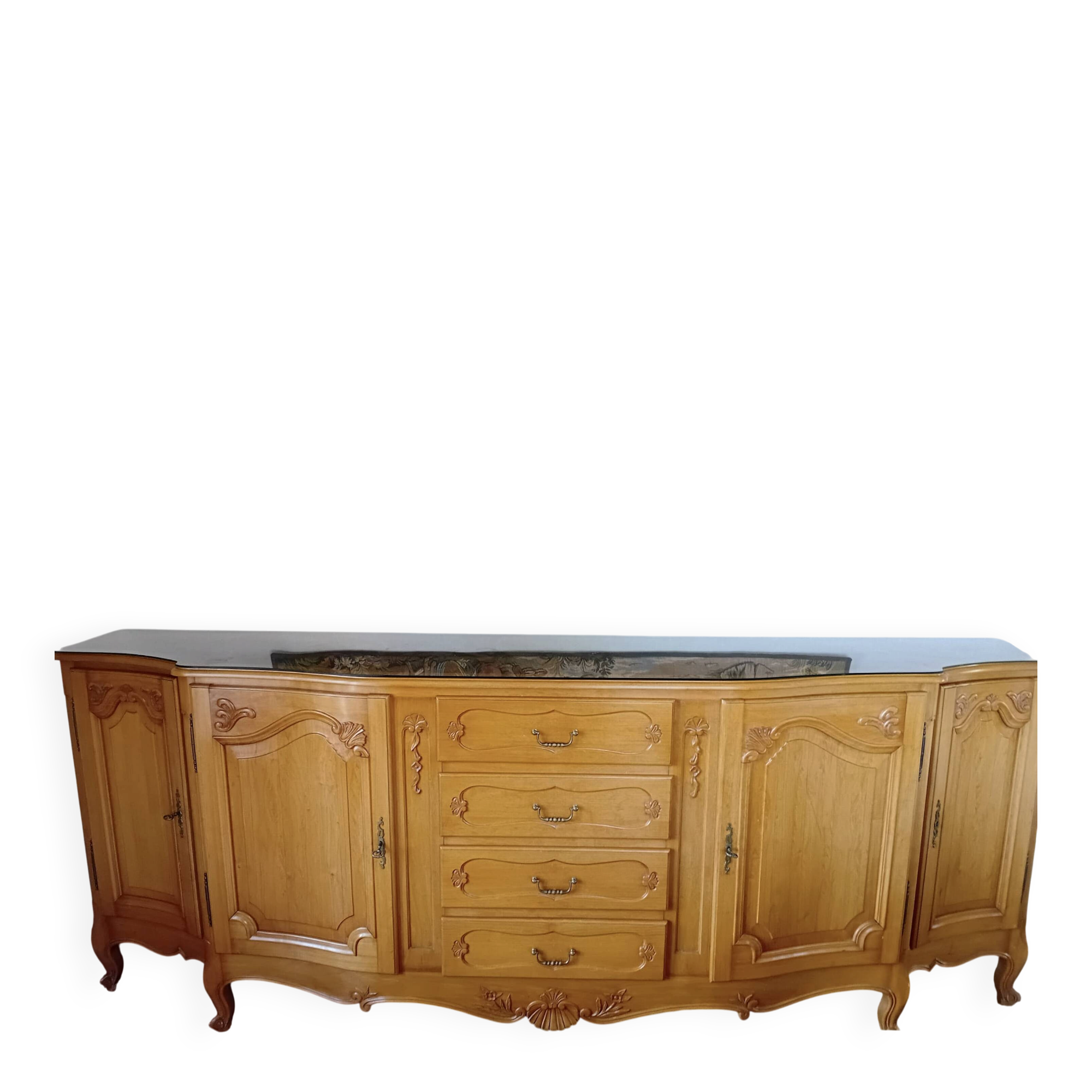 Buffet moulures coquillages en bois avec tablette en verre