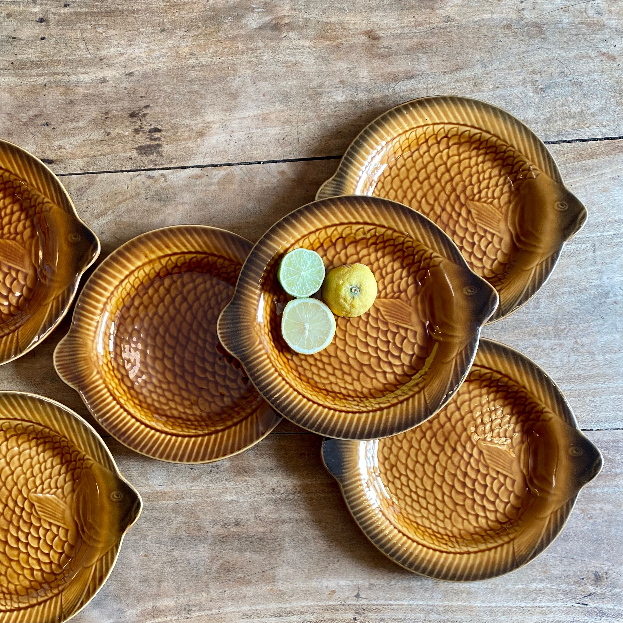 Set of 6 vintage plates fish sarreguemines