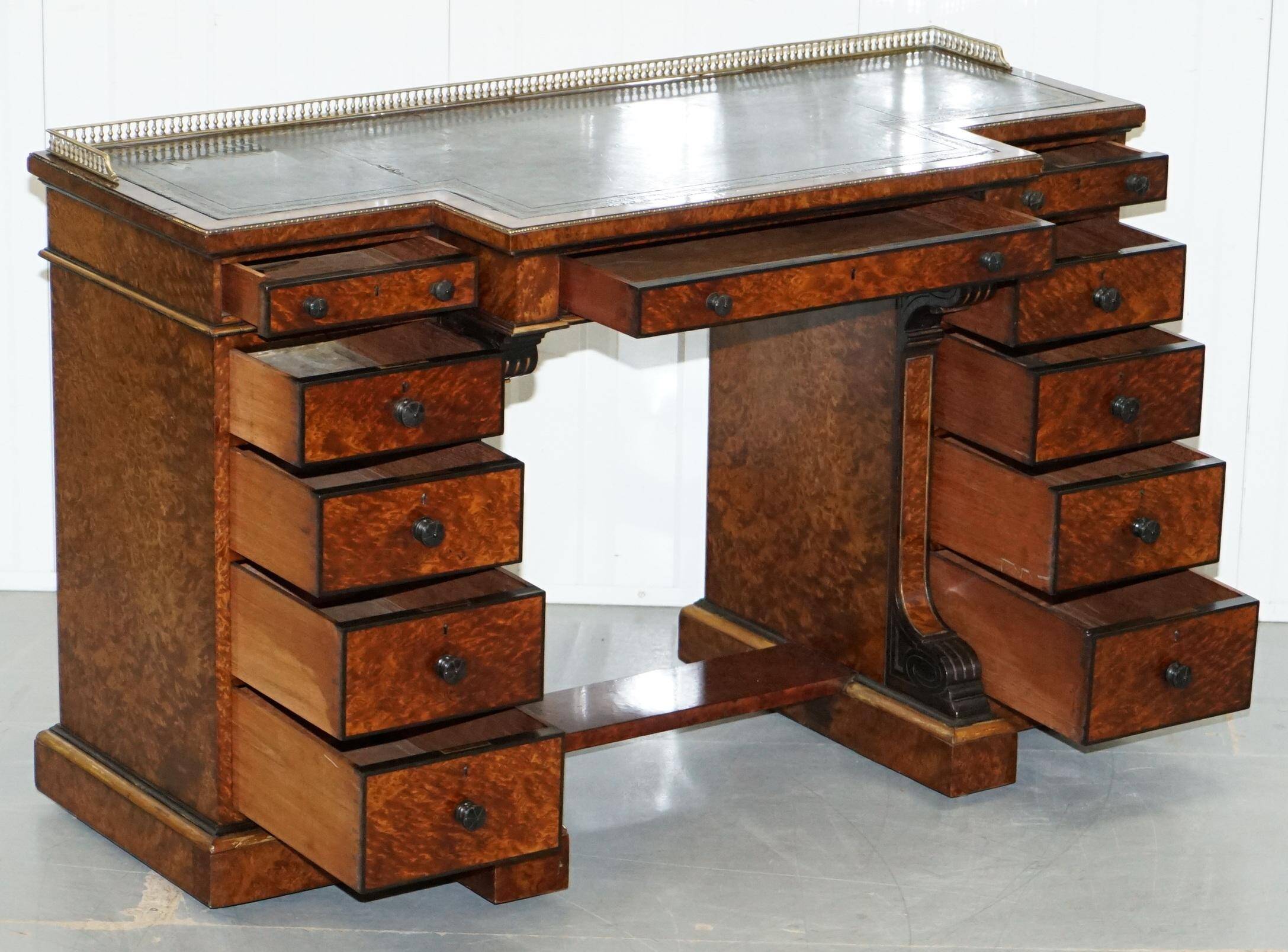 Gillow Library Desk in Burr Amboyna with Brass Gallery, circa 1852-1857