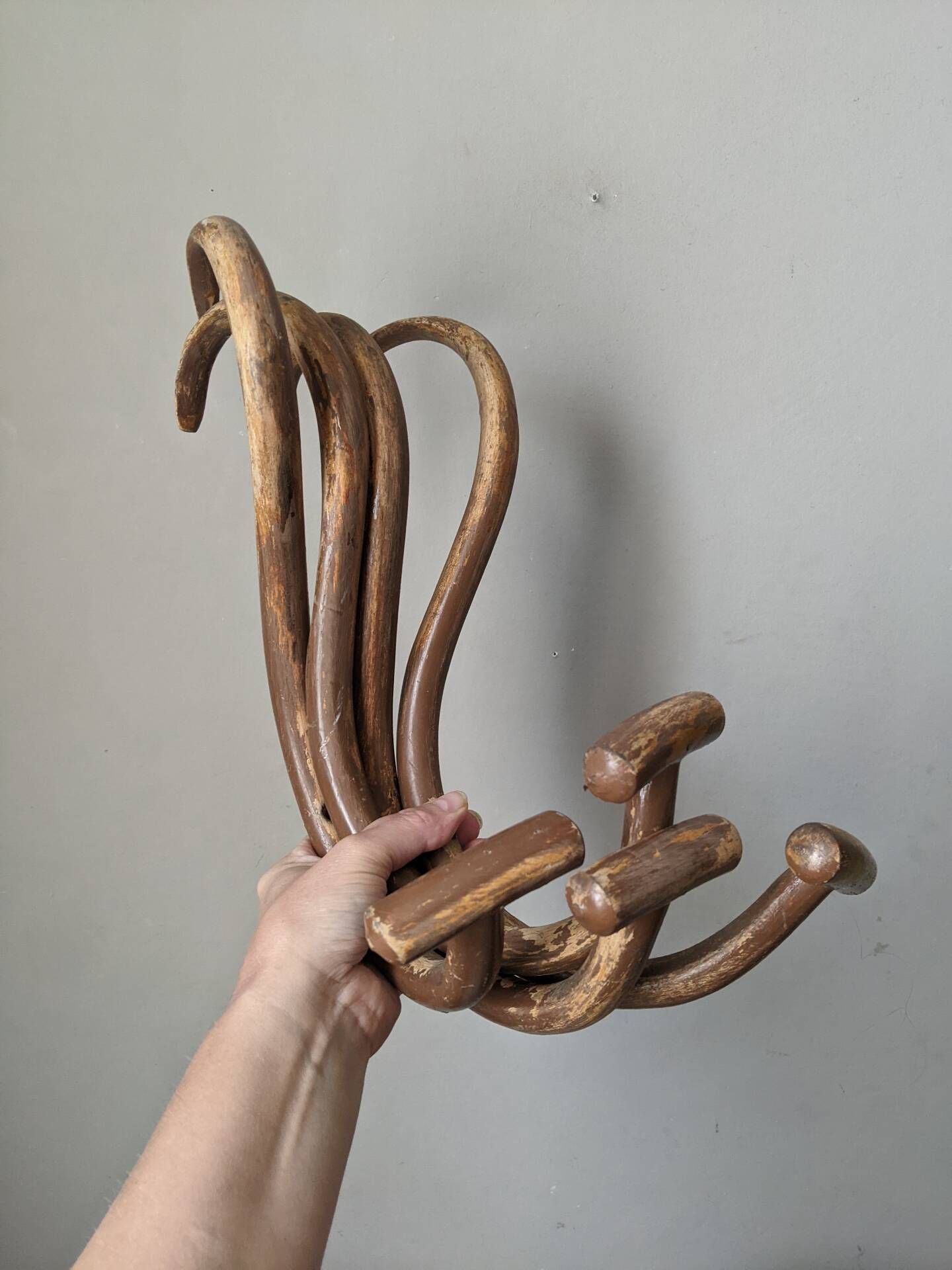 Set of curved wooden coat hooks in Thonet style.