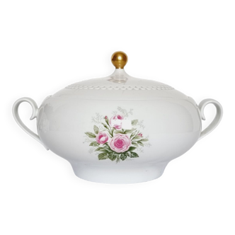 Soupière allemande ancienne en porcelaine à décor floral de roses