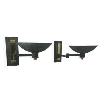 Pair of vintage adjustable wall lights in brass, green bronze patina, France.