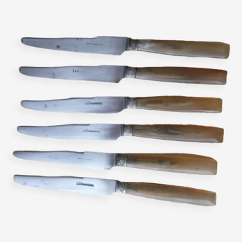 Set of 6 cheese knives stamped Cabuzol 125 Steel and bovine horn