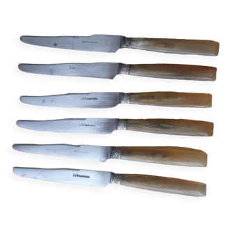 Set of 6 cheese knives stamped Cabuzol 125 Steel and bovine horn