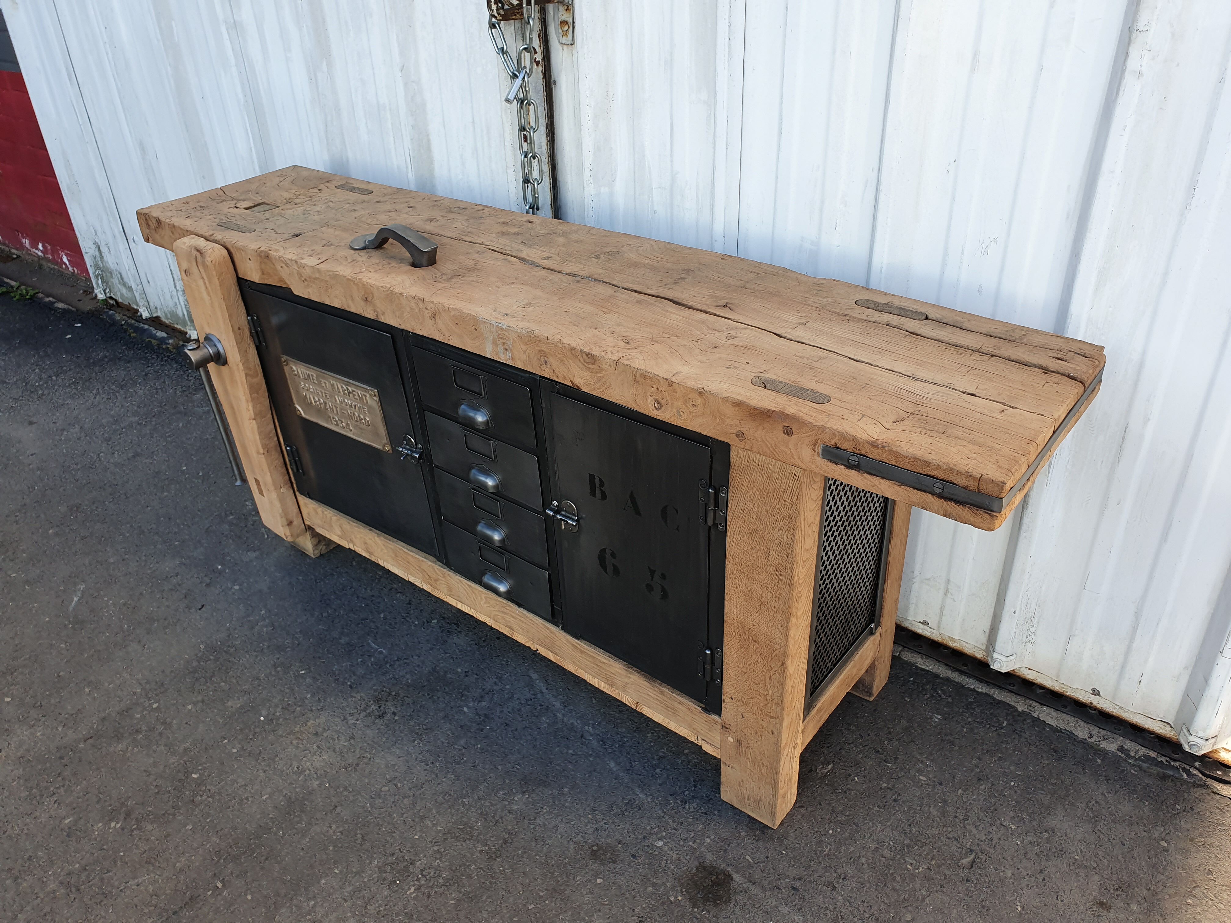 Large industrial workbench elm and metal 2 doors 4 drawers