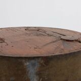 Brutalist French solid oak tripod stool with metal rim, 1850s