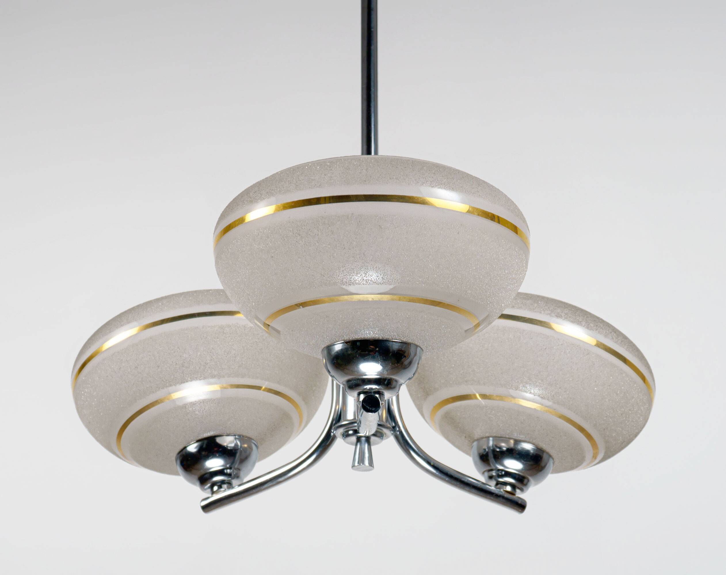 1930s English Art Deco 3-Arm Chrome & Gold Gilt Glass Chandelier Lamp
