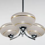1930s English Art Deco 3-Arm Chrome & Gold Gilt Glass Chandelier Lamp