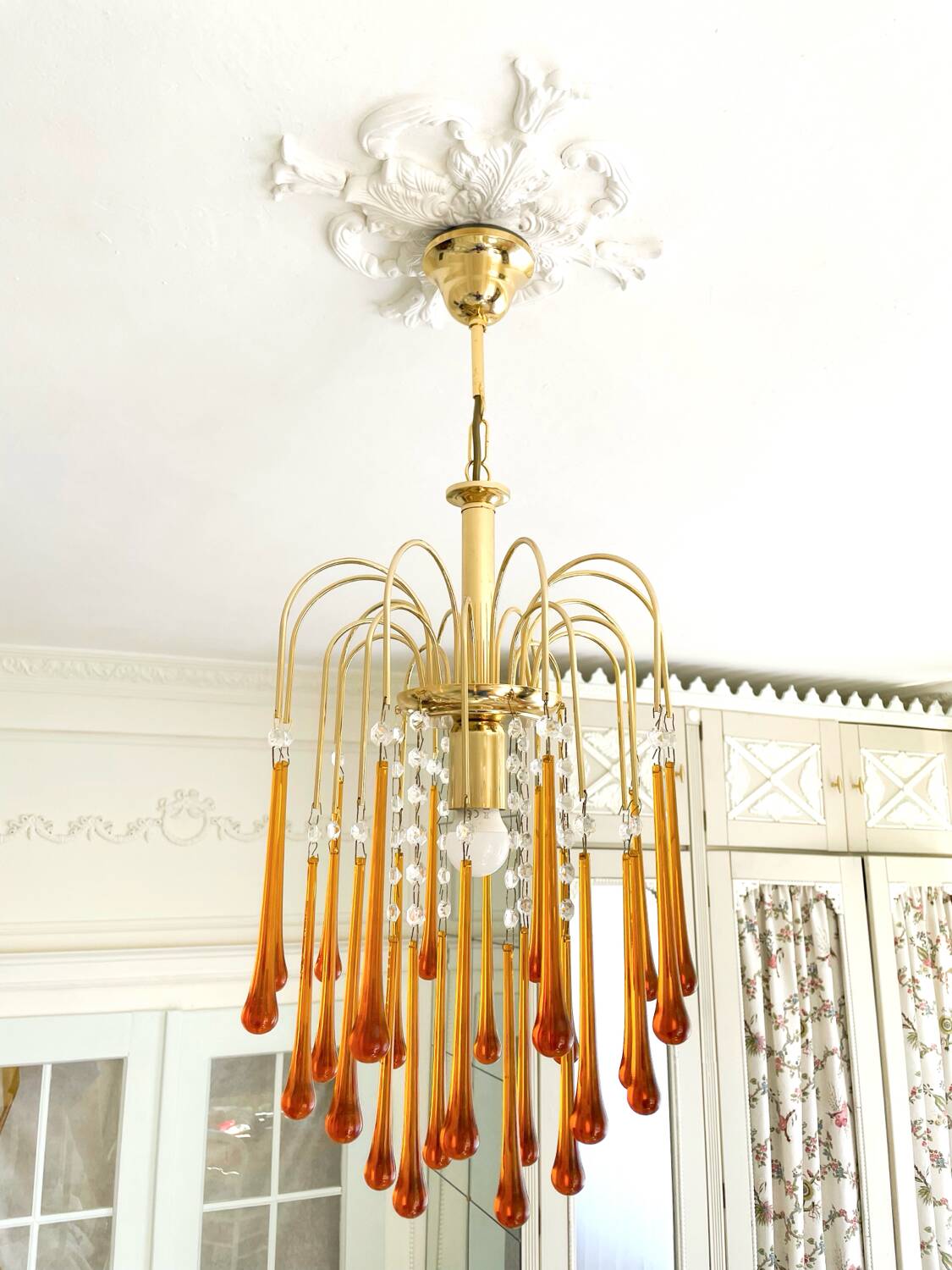 Lustre cascade vintage |  26 gouttes en verre ambré