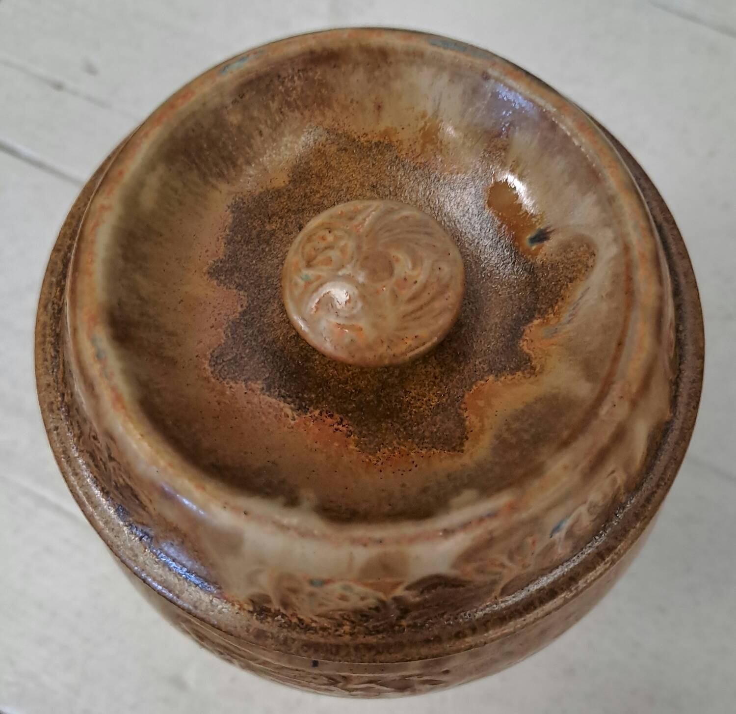 Enamelled stoneware pot signed Denbac