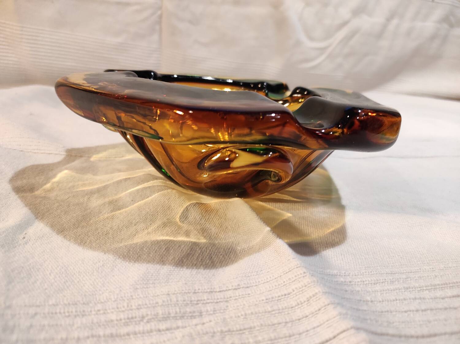 Murano green and yellow blown glass ashtray, 1970