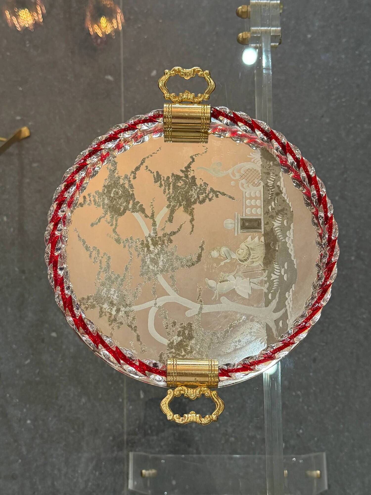 Engraved mirror plateau with twisted red and white glass border, Murano / Venice (c. 1940–1950)