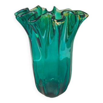 Vase en verre Murano Fazzoletto vert émeraude Michielotto des années 1970 — Vintage italien