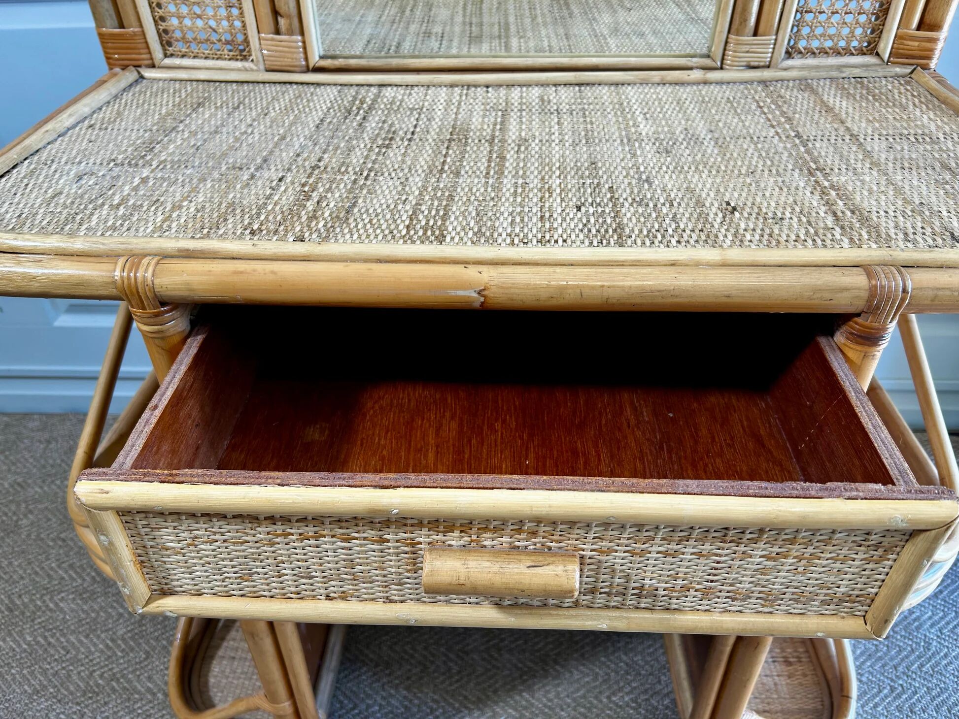 Bamboo and rattan vanity / dressing table with drawer and mirror, 1970s mid-century modern