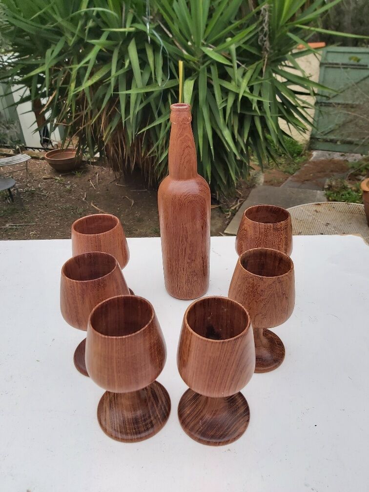 Scandinavian bottle and teak glass service