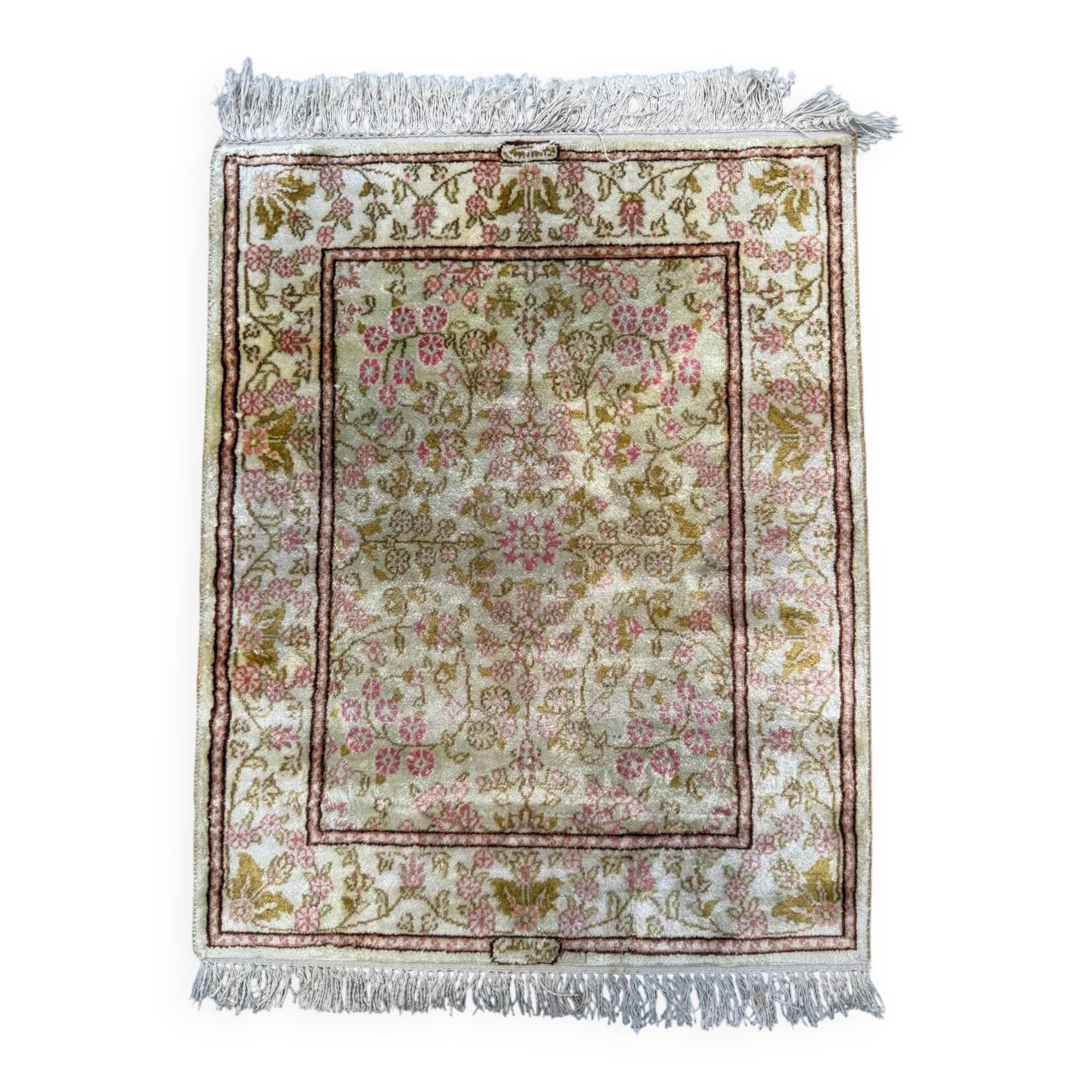 Vintage Turkish Hereke silk rug floral 53x67cm hand knotted gold pink 2538