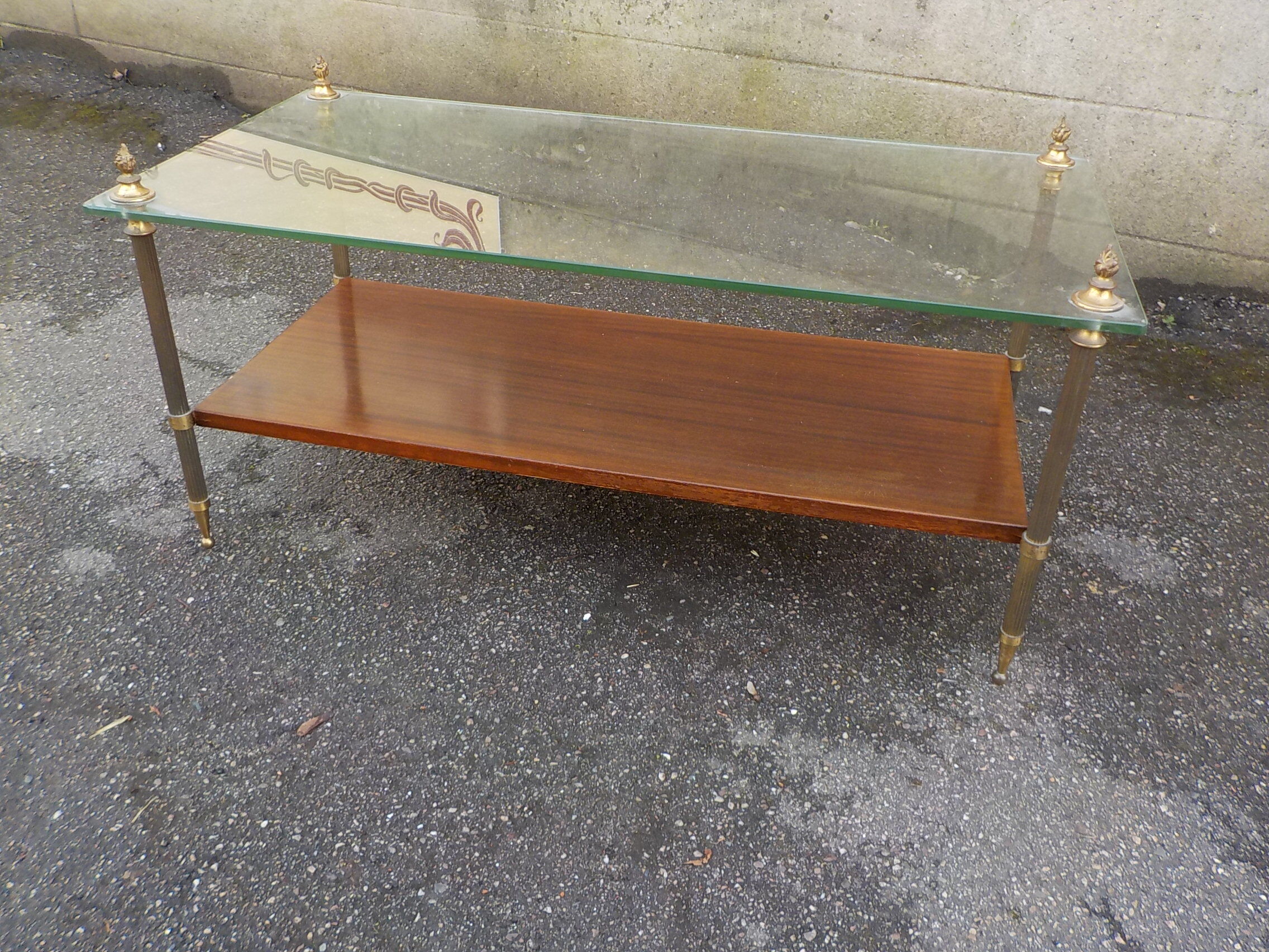 Coffee table or end of canape top glass and wood under bronze frame