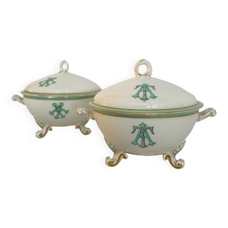 Pair of monogrammed porcelain cutlery broths AT and AA