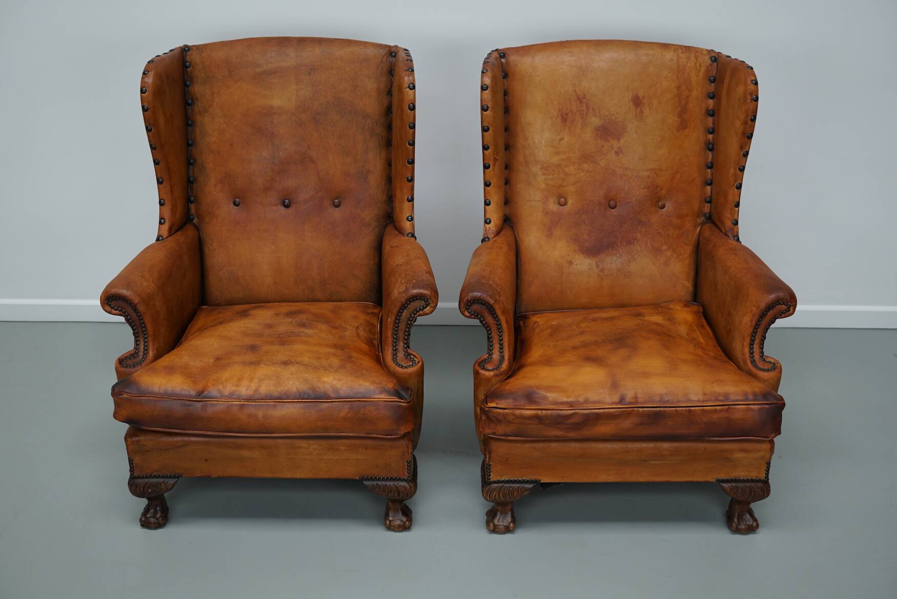 Old Patinated Dutch Cognac Colored Leather Club Chair, Set of 2
