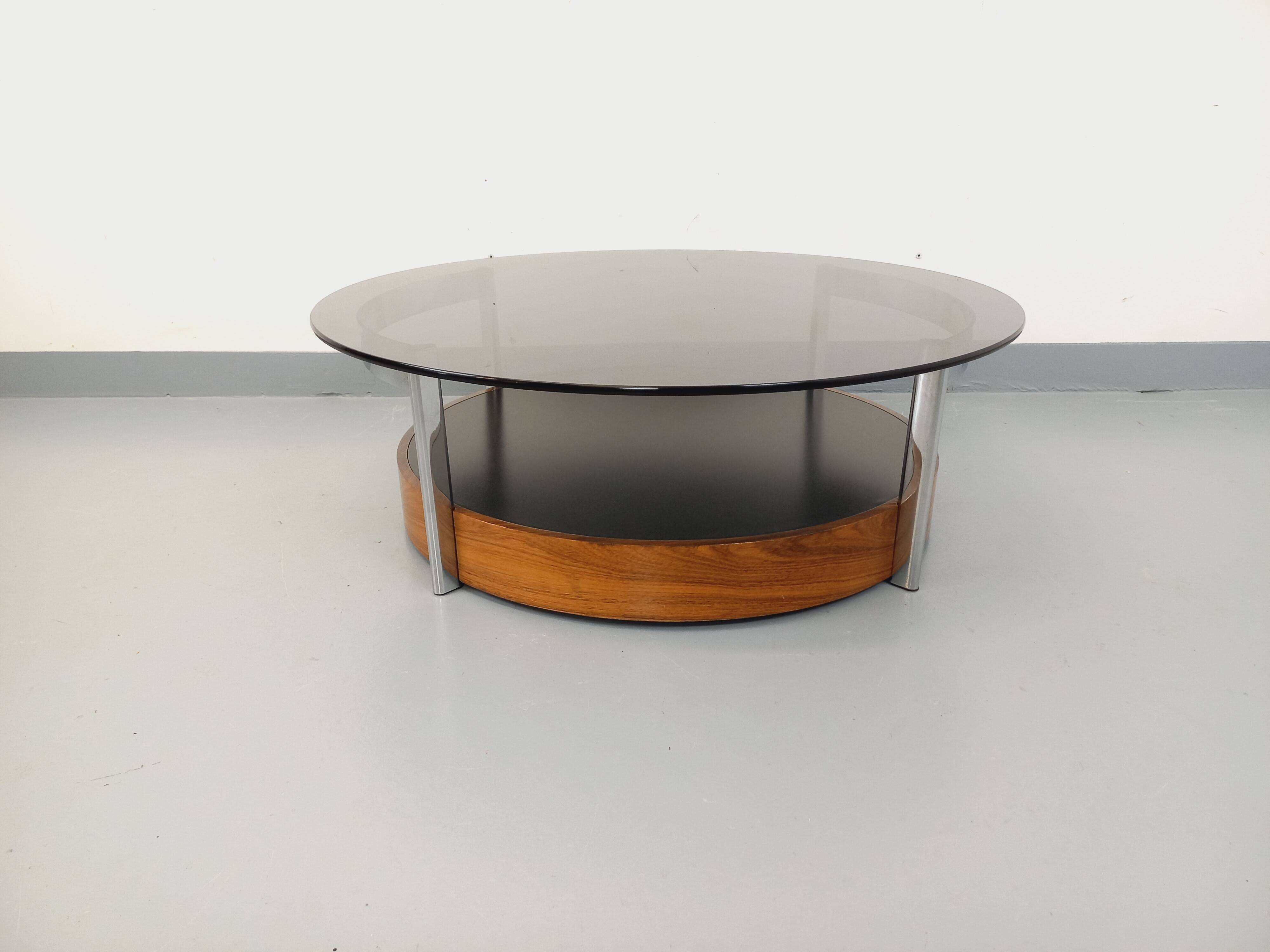 Vintage Italian round coffee table in rosewood, chrome metal, glass.