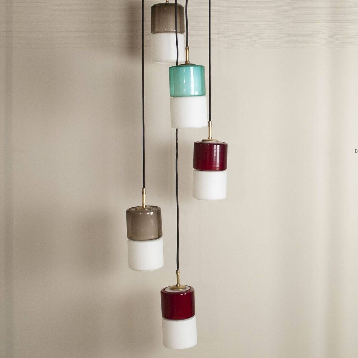 Hanging lamp with five elements in white opaline glass and coloured Murano glass by Putzler Pelill Production, 1960s.