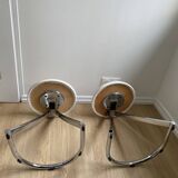 Pair of vintage Z low stools with chrome metal base and white skai seat. H: 49 cm 80s