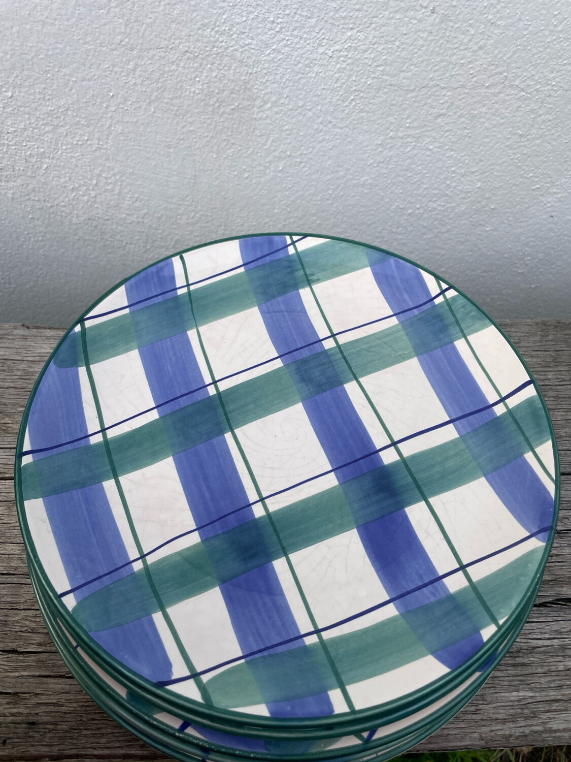 10 blue and green checked ceramic plates