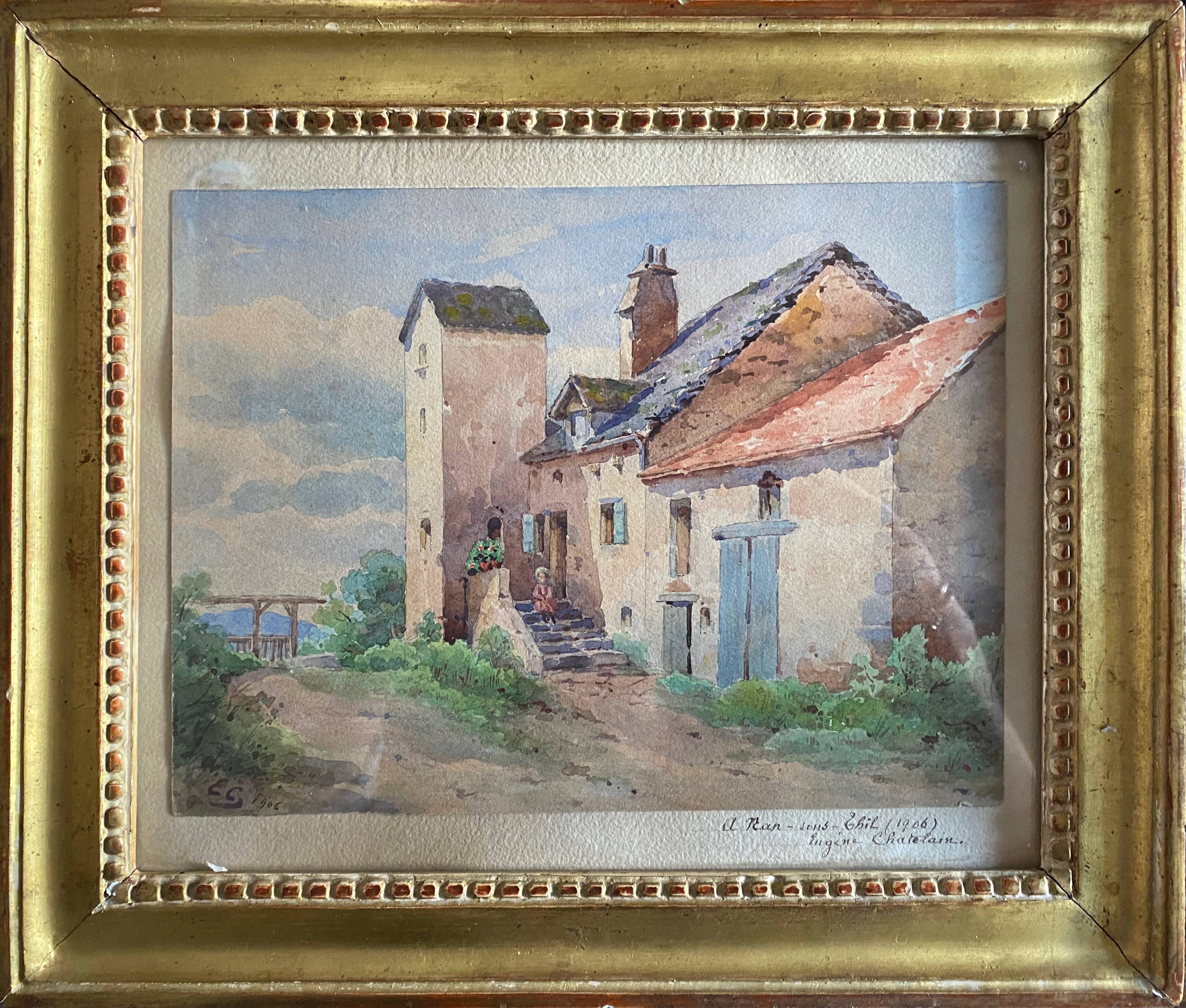 Watercolor painting "Nan-sous-Thil" Burgundy Eugène Cahtelain 1906 + frame